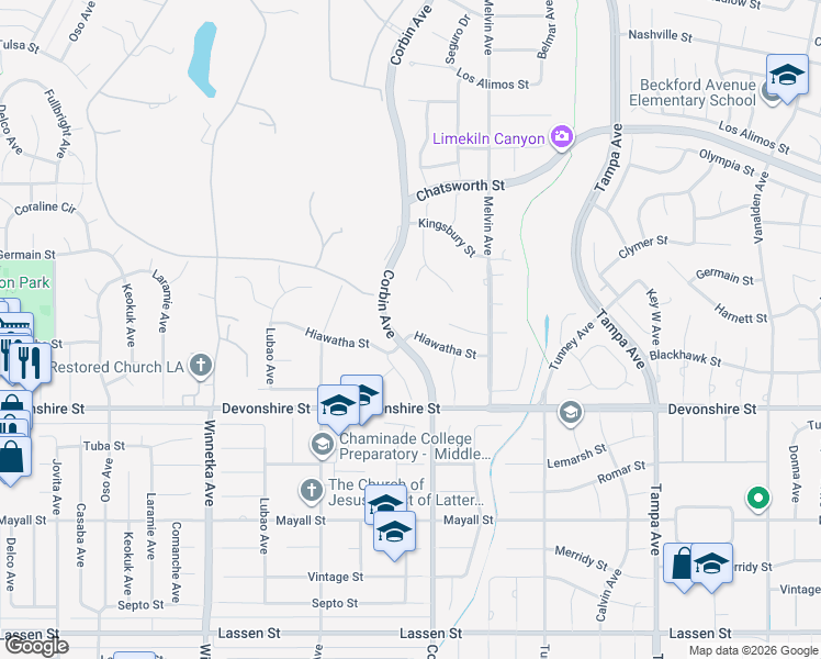 map of restaurants, bars, coffee shops, grocery stores, and more near 19717 Hiawatha Street in Los Angeles