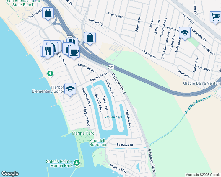 map of restaurants, bars, coffee shops, grocery stores, and more near 2717 Seahorse Avenue in Ventura