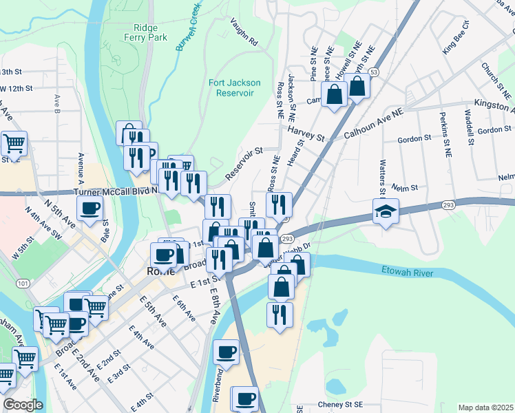 map of restaurants, bars, coffee shops, grocery stores, and more near 27 Ross Street Northeast in Rome