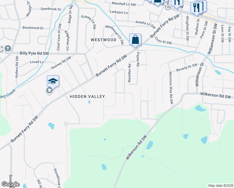 map of restaurants, bars, coffee shops, grocery stores, and more near 14 East Creekview Drive Southwest in Rome