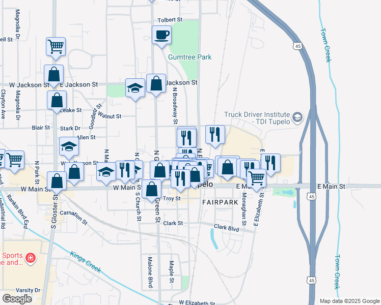 map of restaurants, bars, coffee shops, grocery stores, and more near Sherwood Ave in Tupelo