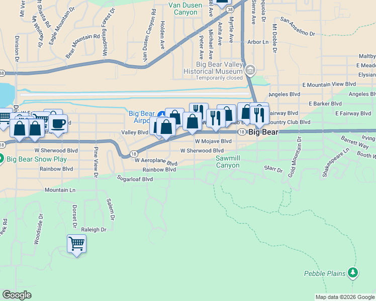 map of restaurants, bars, coffee shops, grocery stores, and more near 411 West Sherwood Boulevard in Big Bear