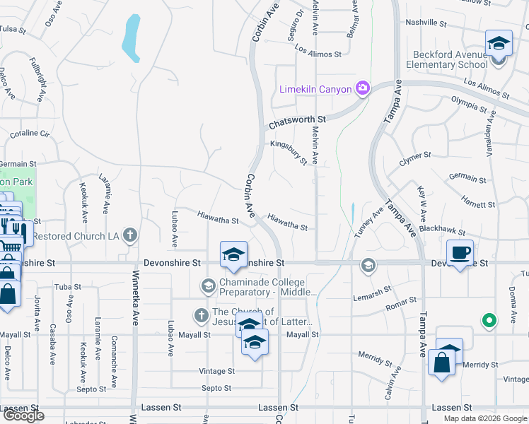 map of restaurants, bars, coffee shops, grocery stores, and more near 19717 Hiawatha Street in Los Angeles