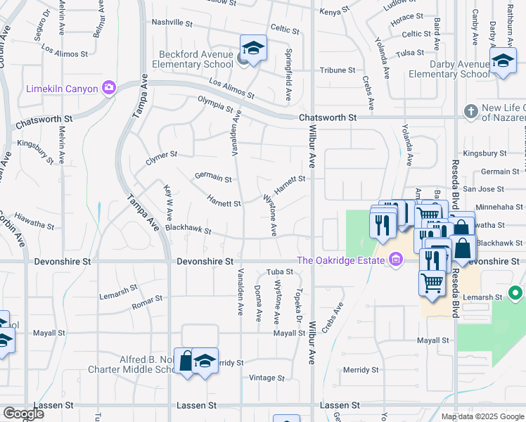 map of restaurants, bars, coffee shops, grocery stores, and more near 19017 Minnehaha Street in Los Angeles