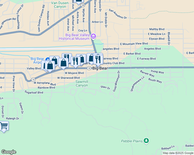 map of restaurants, bars, coffee shops, grocery stores, and more near 101 East Sherwood Boulevard in Big Bear