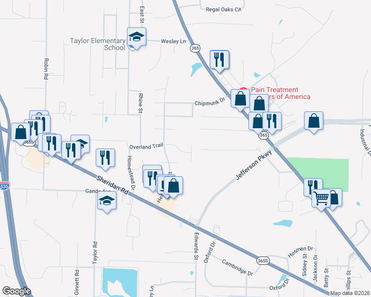 map of restaurants, bars, coffee shops, grocery stores, and more near 105 Overland Trail in White Hall