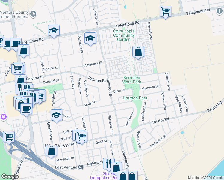 map of restaurants, bars, coffee shops, grocery stores, and more near 6801 Dove Street in Ventura