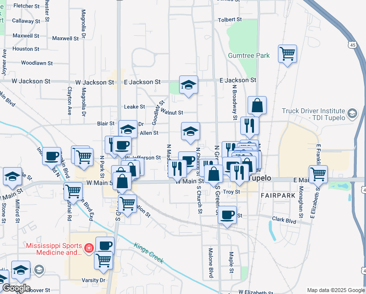 map of restaurants, bars, coffee shops, grocery stores, and more near 530 West Jefferson Street in Tupelo
