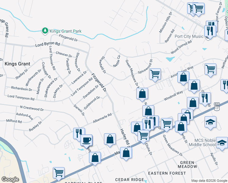 map of restaurants, bars, coffee shops, grocery stores, and more near 721 Bracken Fern Drive in Wilmington
