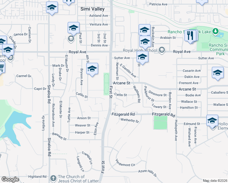 map of restaurants, bars, coffee shops, grocery stores, and more near 1101 Catlin Street in Simi Valley