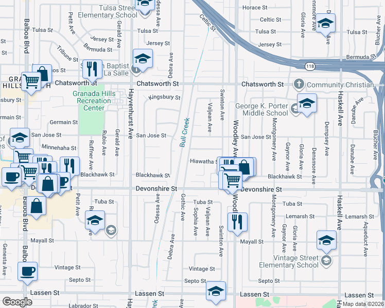 map of restaurants, bars, coffee shops, grocery stores, and more near 10418 Gothic Avenue in Los Angeles