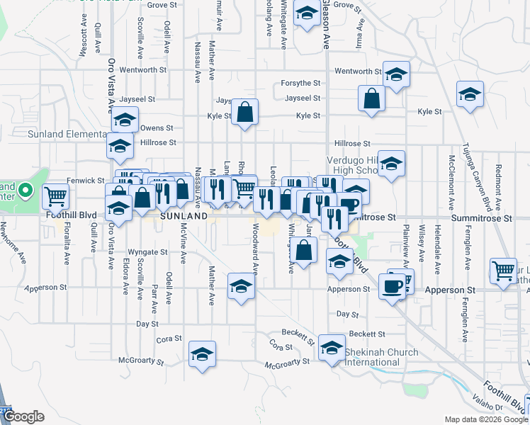 map of restaurants, bars, coffee shops, grocery stores, and more near 7951 Foothill Boulevard in Los Angeles