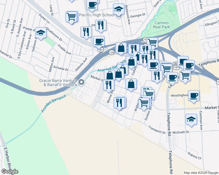 map of restaurants, bars, coffee shops, grocery stores, and more near 3804 Market St in Ventura
