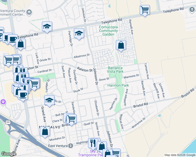 map of restaurants, bars, coffee shops, grocery stores, and more near 6801 Dove Street in Ventura