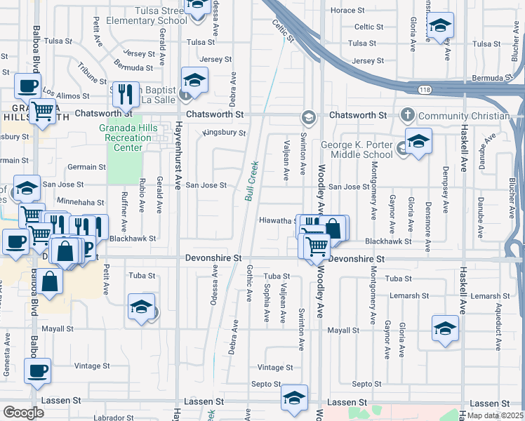 map of restaurants, bars, coffee shops, grocery stores, and more near 16318 Minnehaha Street in Los Angeles