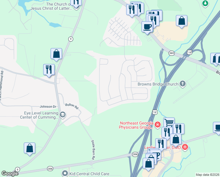 map of restaurants, bars, coffee shops, grocery stores, and more near 4370 Ambassador Way in Cumming