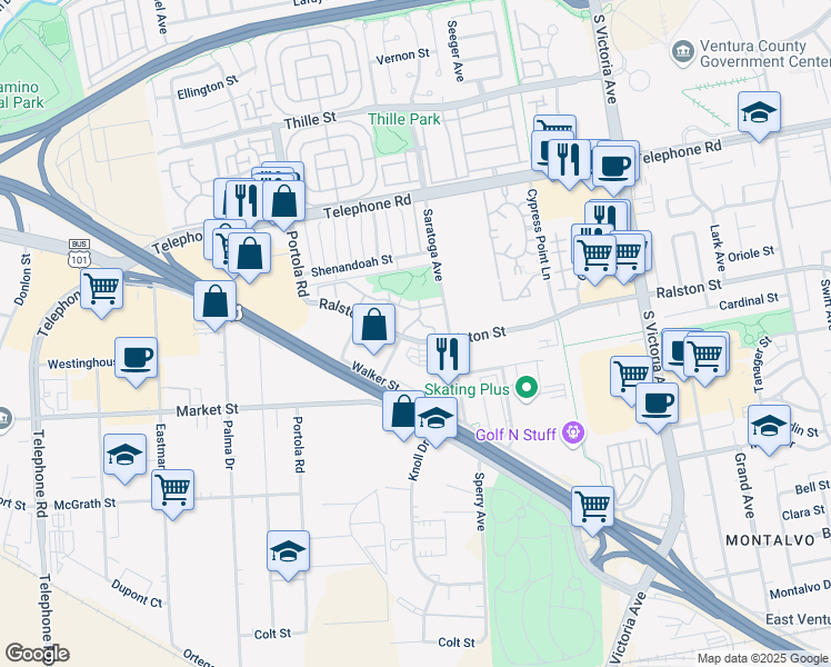 map of restaurants, bars, coffee shops, grocery stores, and more near 5258 Shiloh Way in Ventura