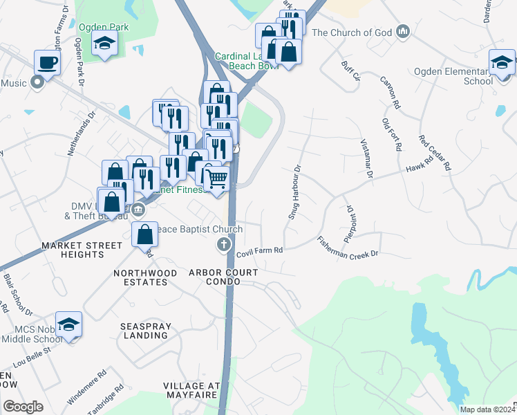 map of restaurants, bars, coffee shops, grocery stores, and more near 304 Smugglers Court in Wilmington