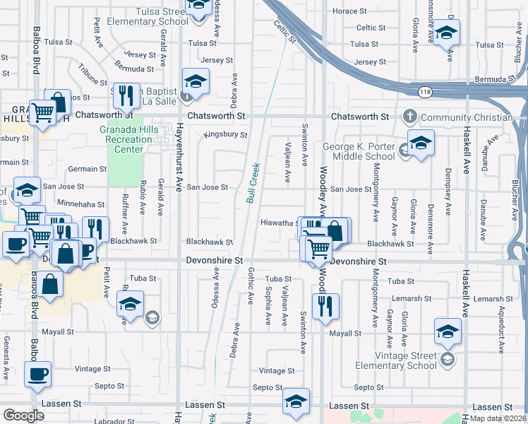 map of restaurants, bars, coffee shops, grocery stores, and more near 10418 Gothic Avenue in Los Angeles