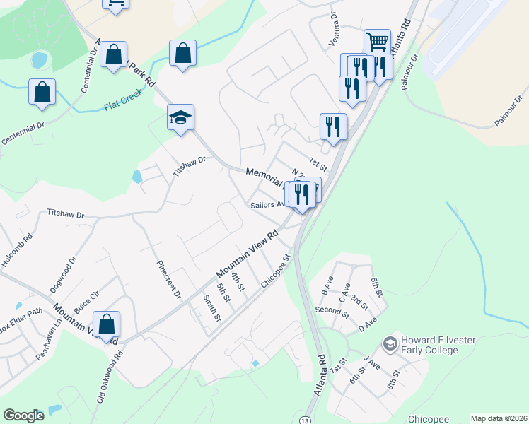 map of restaurants, bars, coffee shops, grocery stores, and more near 2234 Titshaw Drive in Gainesville