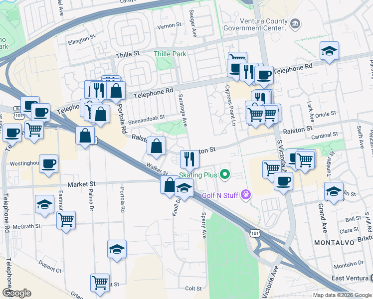 map of restaurants, bars, coffee shops, grocery stores, and more near 5290 Shiloh Way in Ventura