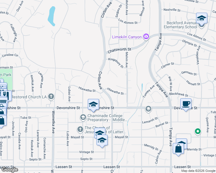 map of restaurants, bars, coffee shops, grocery stores, and more near 19717 Hiawatha Street in Los Angeles