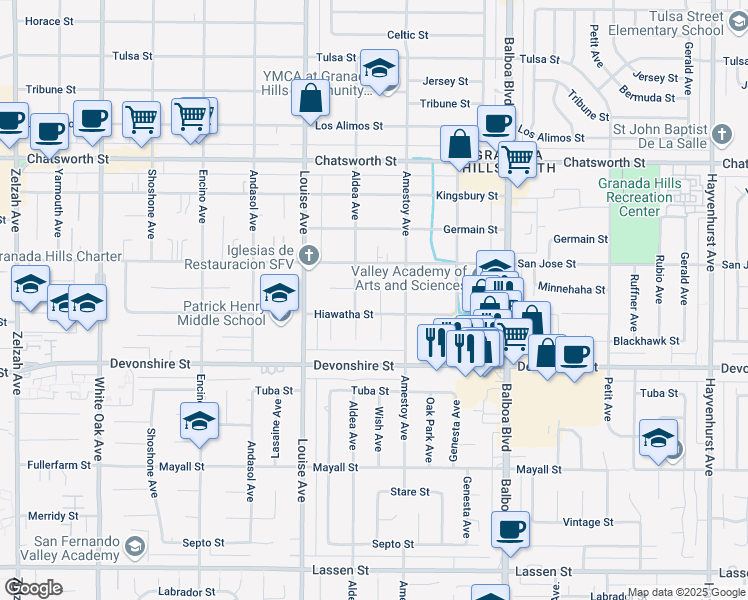 map of restaurants, bars, coffee shops, grocery stores, and more near 10415 Wish Avenue in Los Angeles