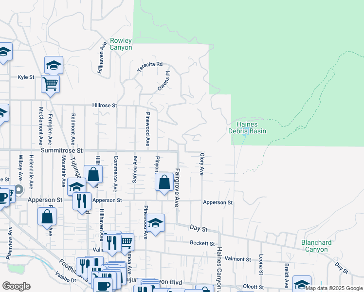map of restaurants, bars, coffee shops, grocery stores, and more near 10514 Fairgrove Avenue in Los Angeles