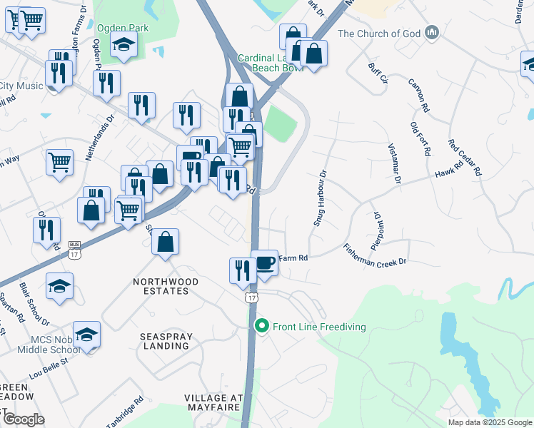 map of restaurants, bars, coffee shops, grocery stores, and more near 306 Halyard Court in Wilmington