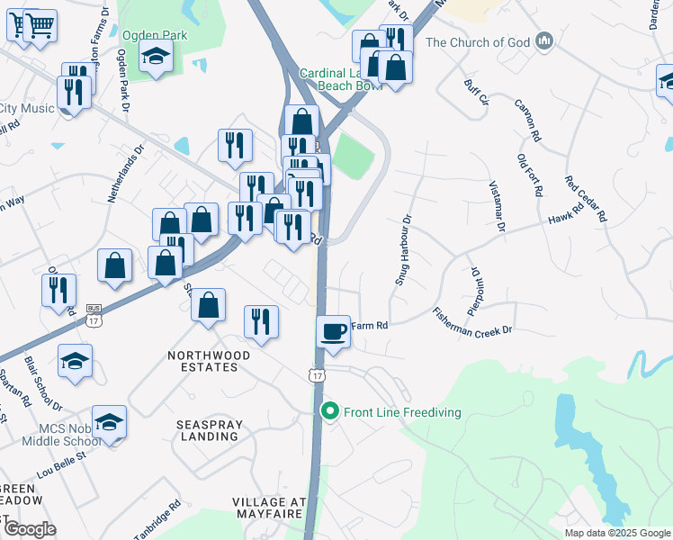 map of restaurants, bars, coffee shops, grocery stores, and more near 306 Halyard Court in Wilmington