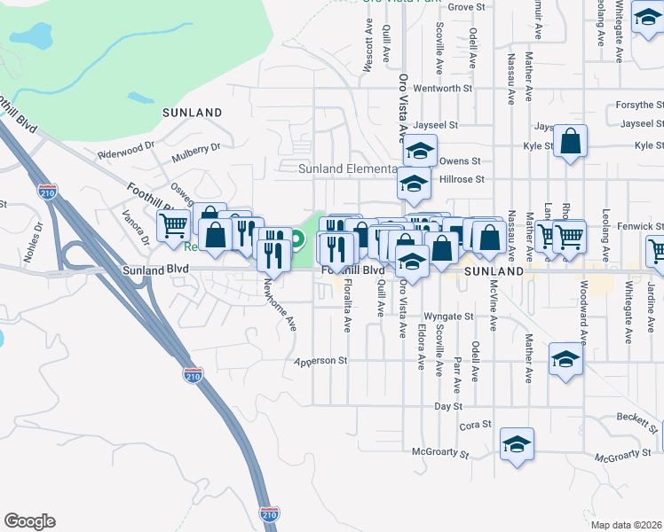 map of restaurants, bars, coffee shops, grocery stores, and more near 8541 Foothill Blvd in Sunland