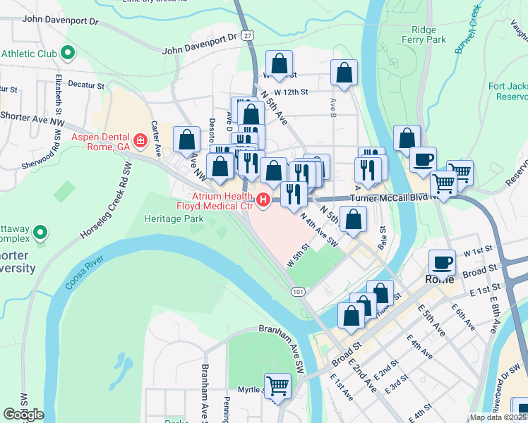 map of restaurants, bars, coffee shops, grocery stores, and more near 304 Turner McCall Boulevard in Rome