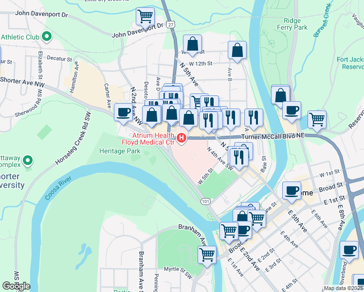 map of restaurants, bars, coffee shops, grocery stores, and more near 304 Turner McCall Boulevard in Rome