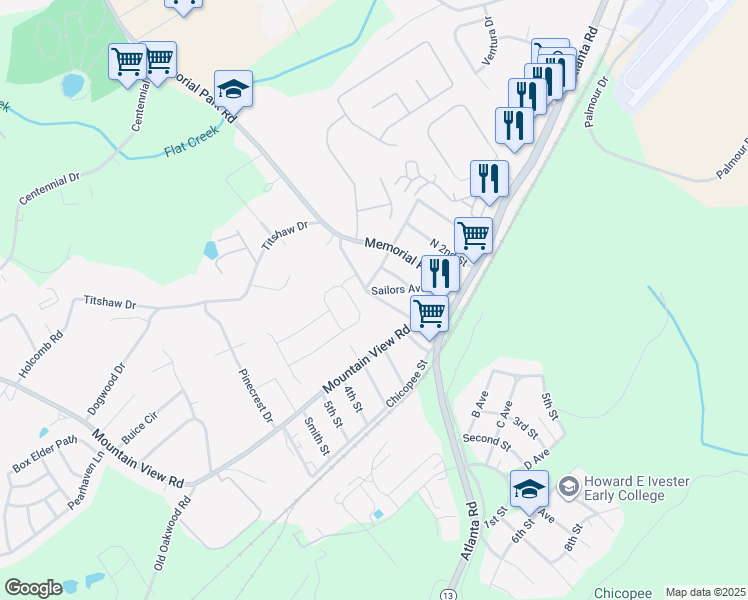 map of restaurants, bars, coffee shops, grocery stores, and more near 2206 Titshaw Drive in Gainesville