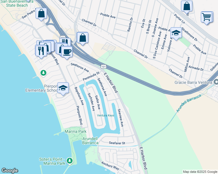 map of restaurants, bars, coffee shops, grocery stores, and more near 901 Seaside Court in Ventura