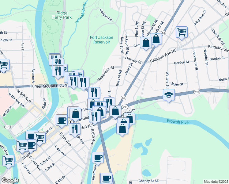 map of restaurants, bars, coffee shops, grocery stores, and more near 27 Ross Street Northeast in Rome