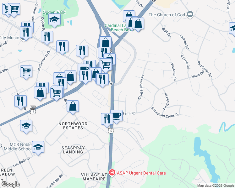 map of restaurants, bars, coffee shops, grocery stores, and more near Military Cutoff Trail in Wilmington