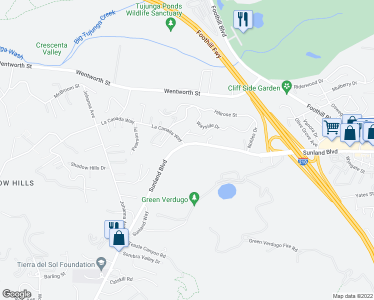 map of restaurants, bars, coffee shops, grocery stores, and more near 10158 Sunland Boulevard in Los Angeles