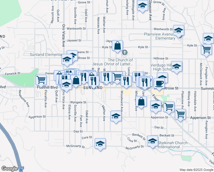 map of restaurants, bars, coffee shops, grocery stores, and more near 8069 Foothill Blvd in Sunland