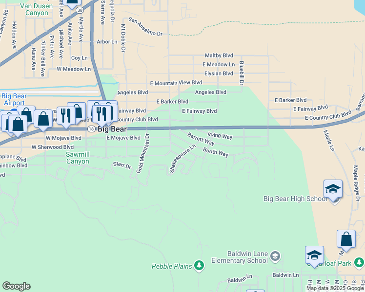 map of restaurants, bars, coffee shops, grocery stores, and more near 421 Garrick Way in Big Bear