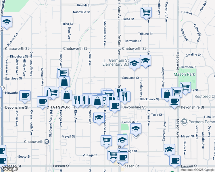 map of restaurants, bars, coffee shops, grocery stores, and more near 10426 Independence Avenue in Los Angeles