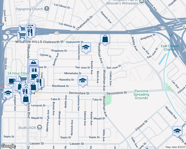 map of restaurants, bars, coffee shops, grocery stores, and more near 10425 Kester Avenue in Los Angeles