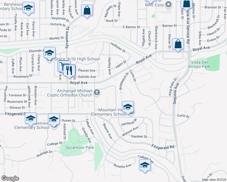 map of restaurants, bars, coffee shops, grocery stores, and more near 1155 North Currier Avenue in Simi Valley