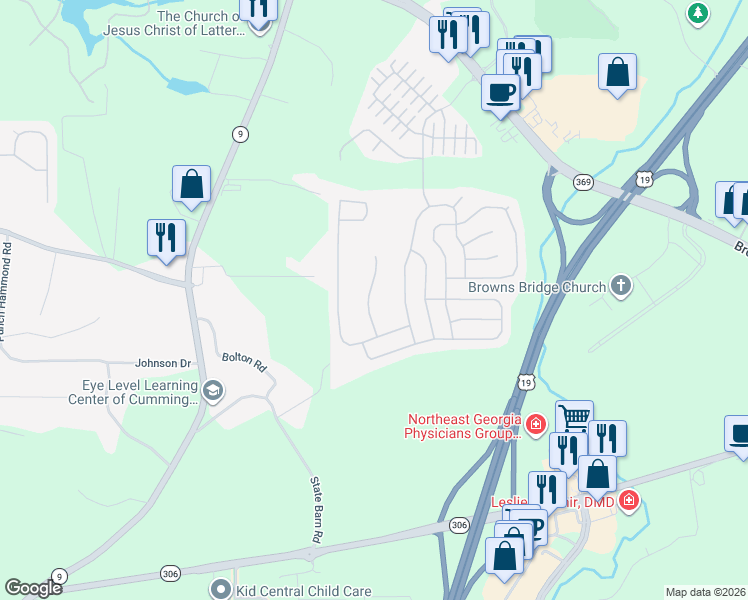 map of restaurants, bars, coffee shops, grocery stores, and more near 4370 Ambassador Way in Cumming