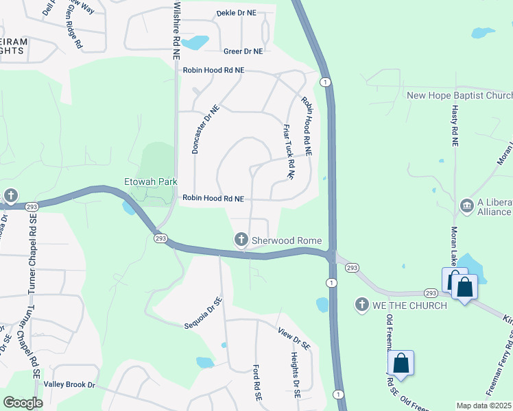 map of restaurants, bars, coffee shops, grocery stores, and more near 100 Robin Hood Rd NE in Rome