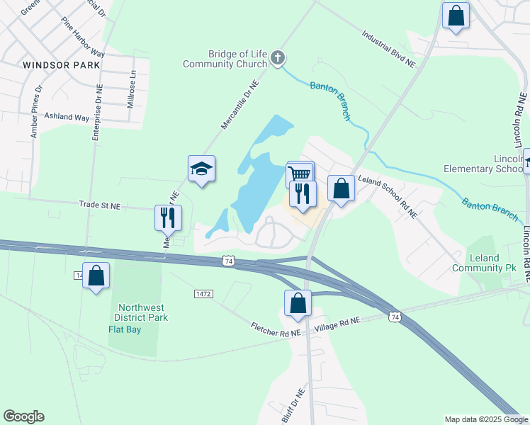 map of restaurants, bars, coffee shops, grocery stores, and more near 1028 Lake Norman Lane in Leland