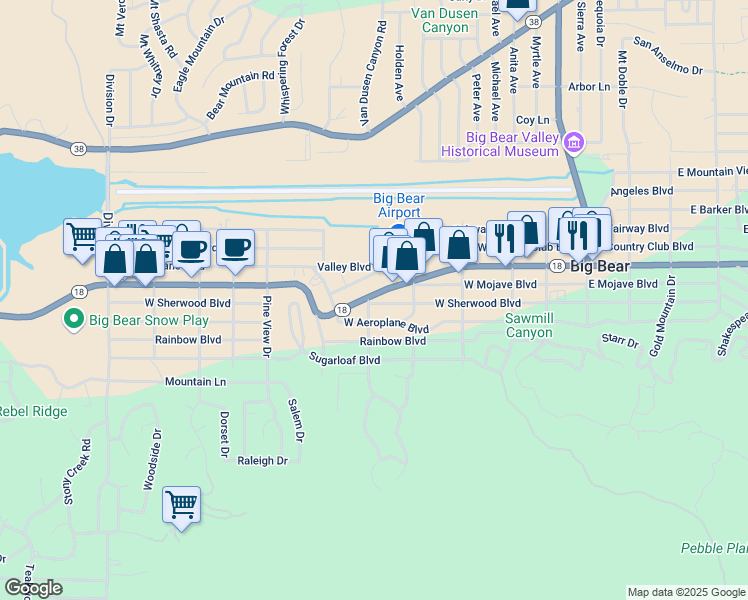 map of restaurants, bars, coffee shops, grocery stores, and more near 540 West Big Bear Boulevard in Big Bear