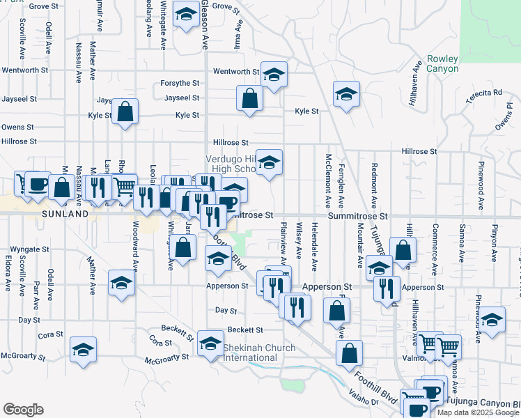 map of restaurants, bars, coffee shops, grocery stores, and more near 10611 Plainview Avenue in Los Angeles