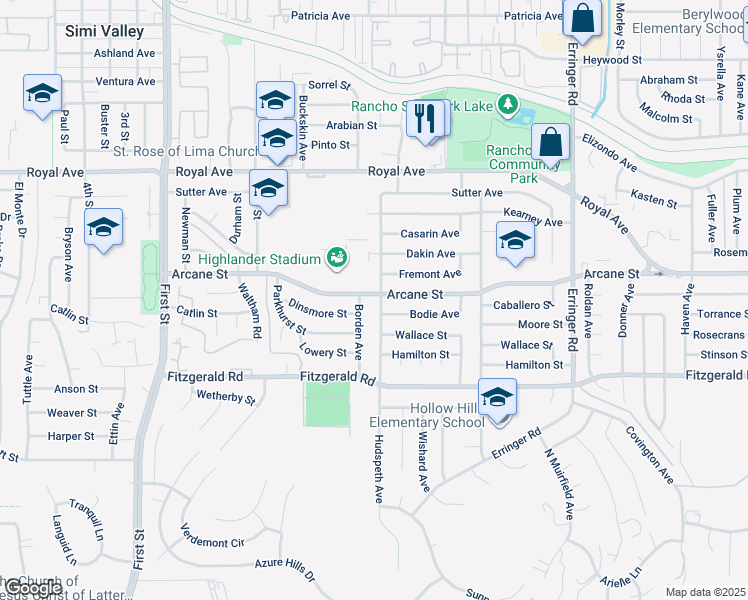 map of restaurants, bars, coffee shops, grocery stores, and more near 1147 North Hudspeth Avenue in Simi Valley