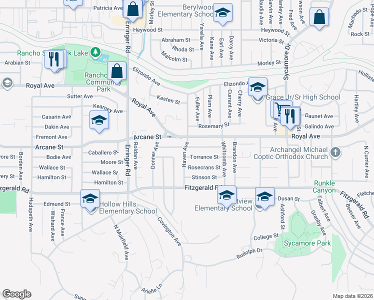 map of restaurants, bars, coffee shops, grocery stores, and more near 2124 Cutler Street in Simi Valley